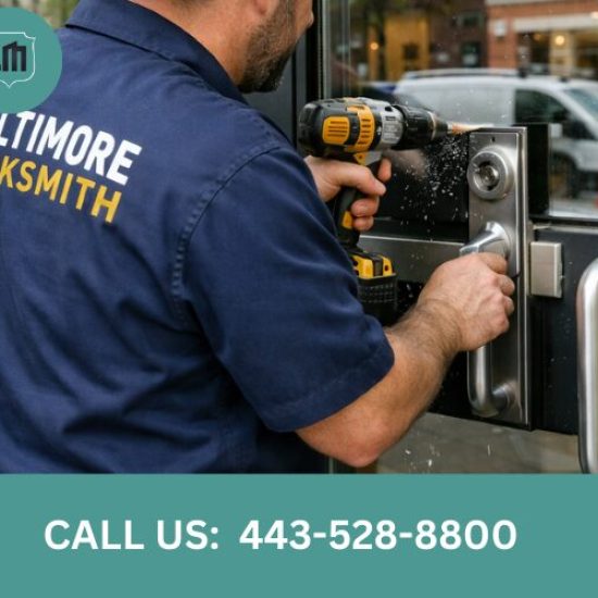 Commercial-locksmith-in-Baltimore-City-installing-business-door-hardware